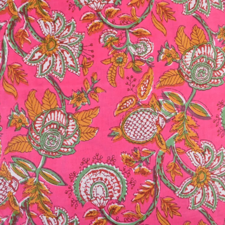 Tissu Indien Block Print Aniray fond rose - kalamkari