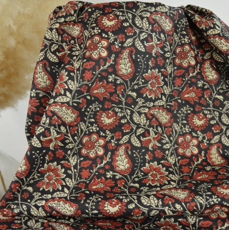 Tissu Indien Block Print Orchha fond Noir