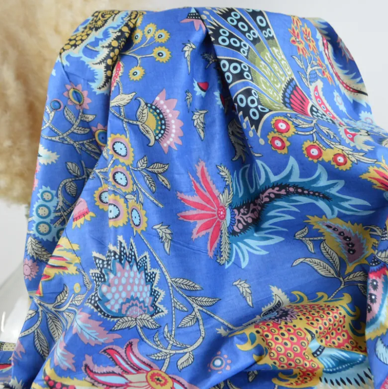 Tissu Indien Block Print Prayan fond Bleu - kalamkari