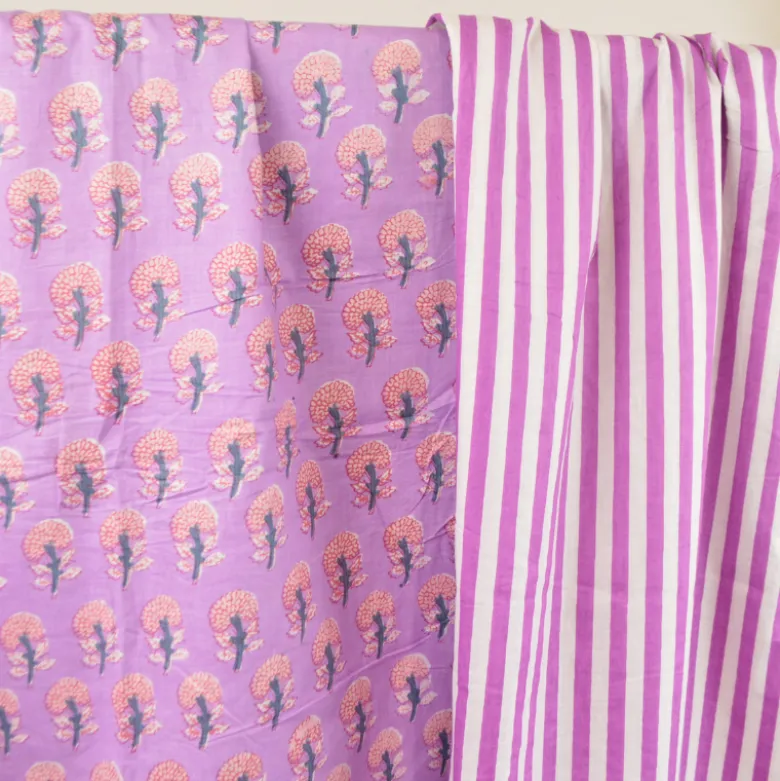 Tissu Indien Block Print Rajven - motif rayures violettes
