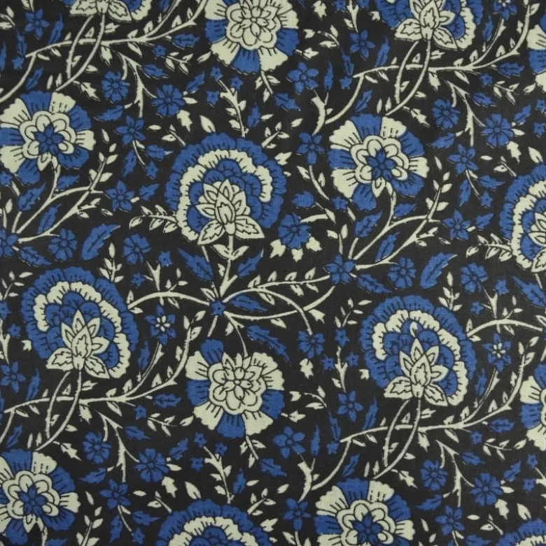 Tissu Indien Block Print Sanganer fond bleu marine