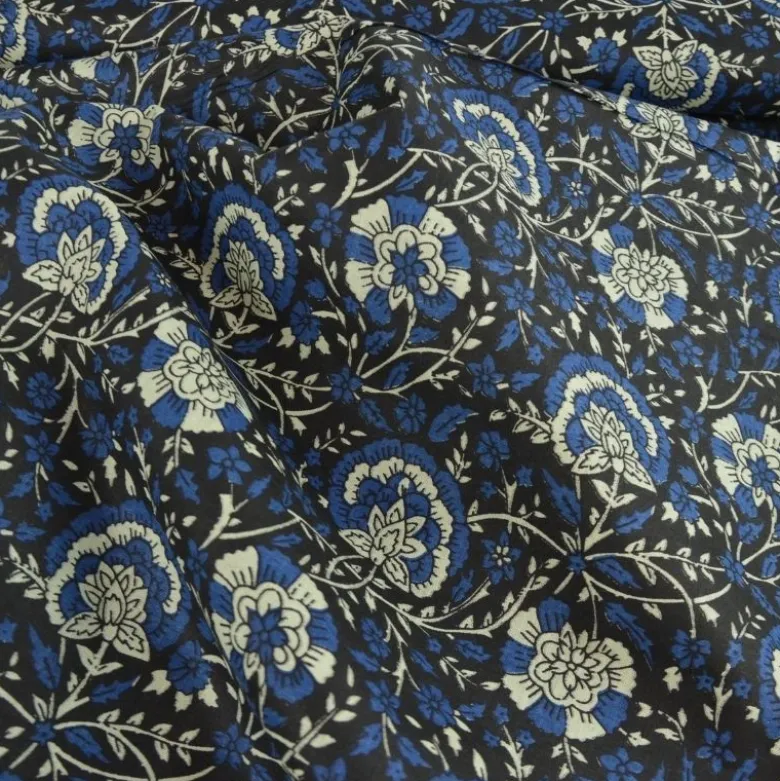 Tissu Indien Block Print Sanganer fond bleu marine