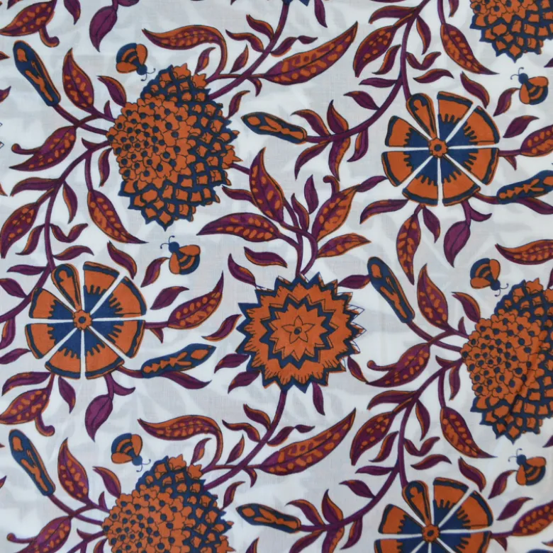 Tissu indien en voile de coton Mandawa – Motif fleurs Cognac