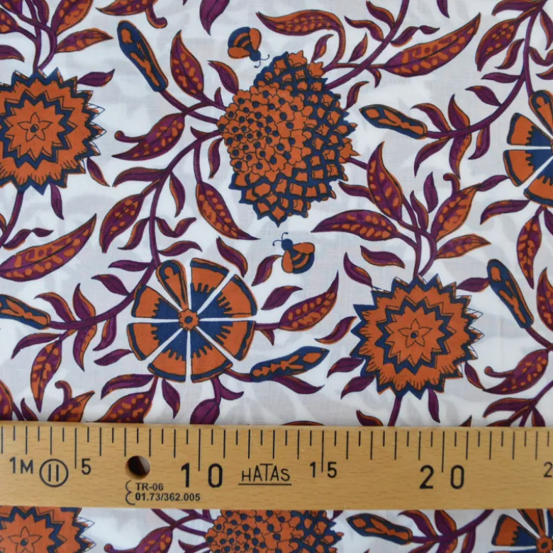 Tissu indien en voile de coton Mandawa – Motif fleurs Cognac