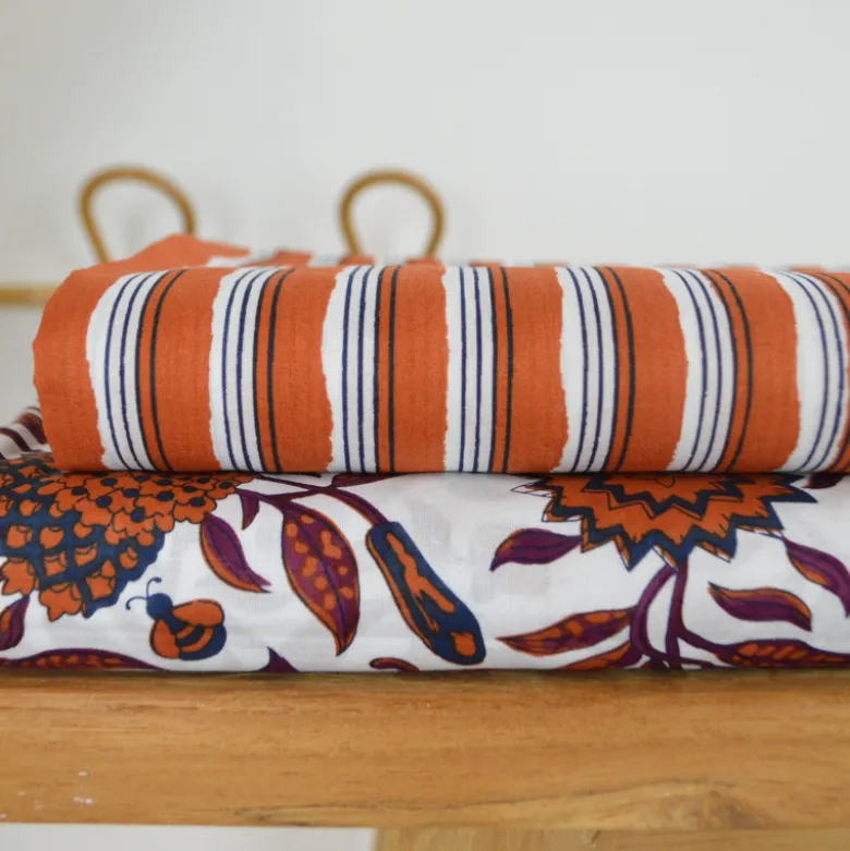 Tissu indien en voile de coton Lachung – Motif rayures Cognac