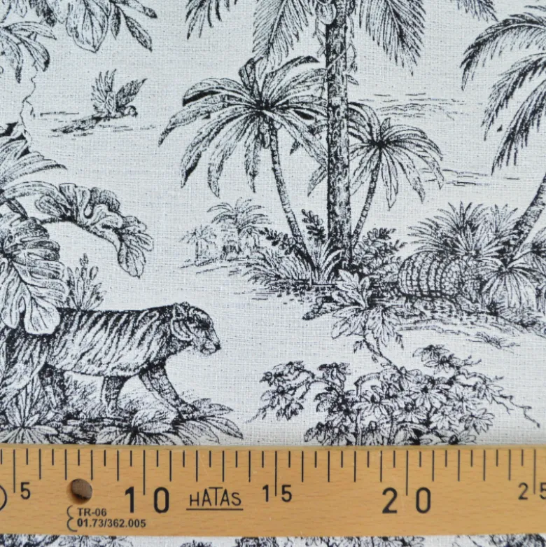 Tissu jacquard Daktari motif exotique d'inspiration Toile de Jouy