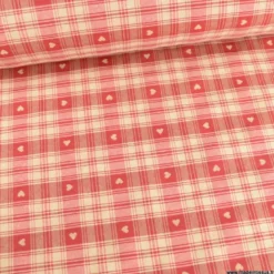 Tissu Jacquard Ecrins à carreaux et petits coeurs rouge