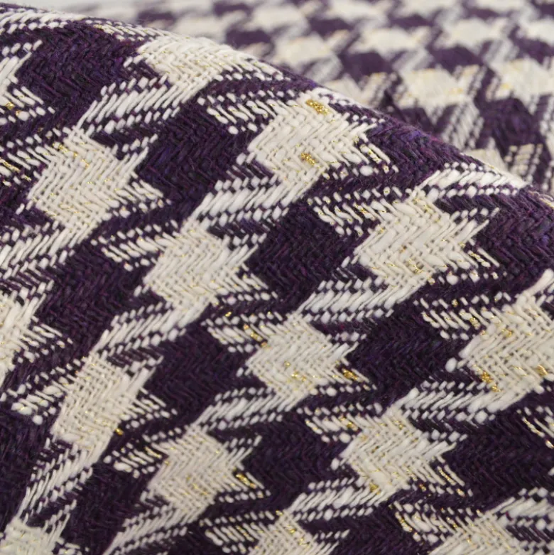 Tissu jacquard effet tweed motif pied-de-poule violet avec fil lurex doré