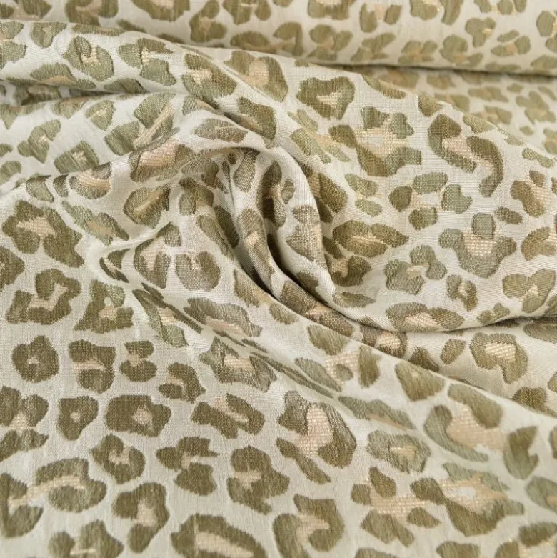 Tissu jacquard Habillement Leopard Lurex beige et vert olive