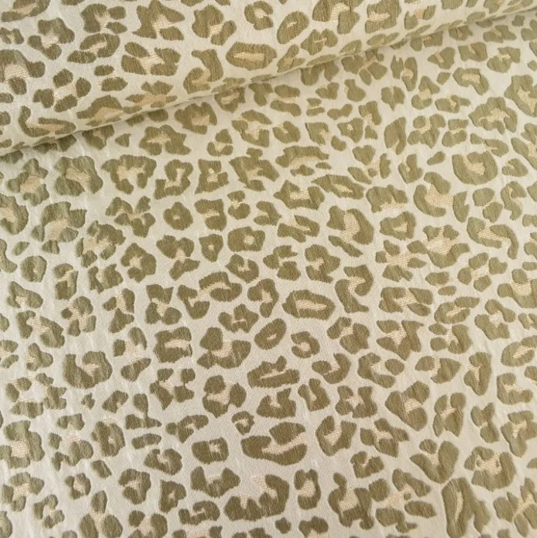 Tissu jacquard Habillement Leopard Lurex beige et vert olive