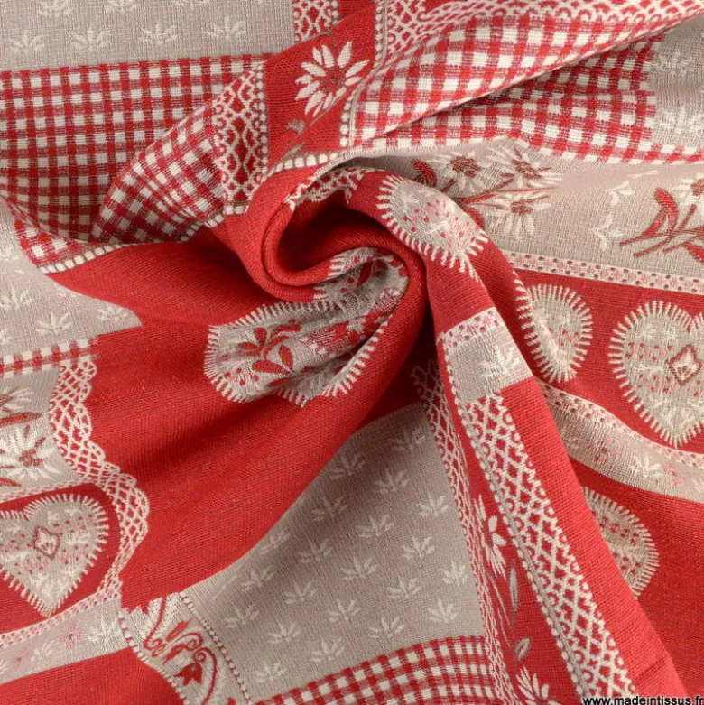 Tissu Jacquard Praloup Patch rouge - Grande largeur