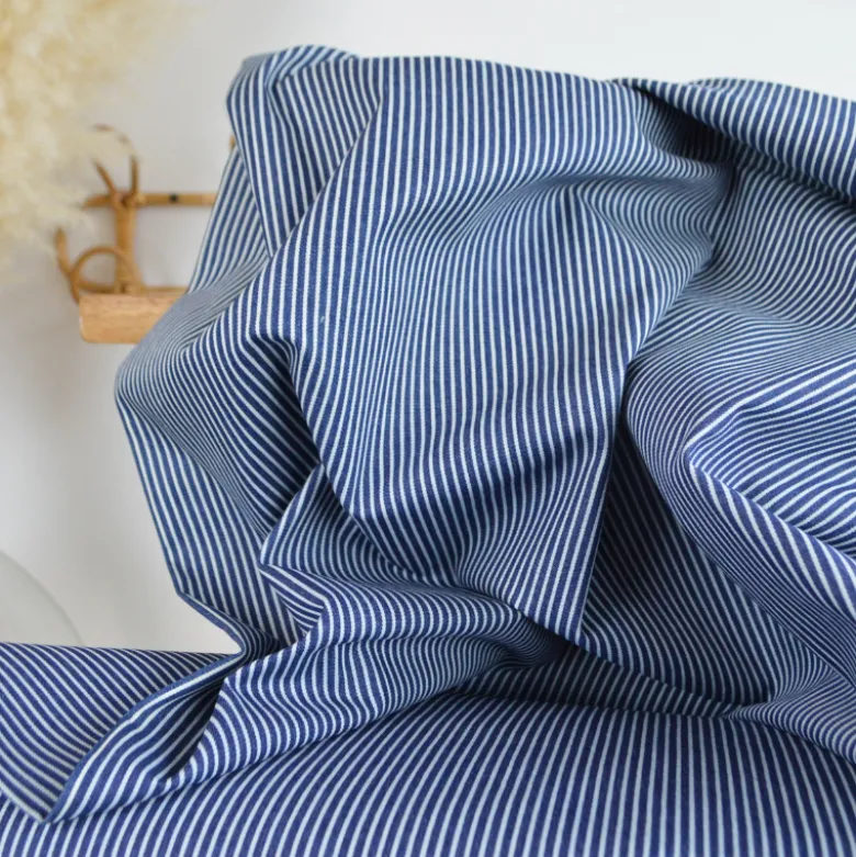 Tissu Jean Denim bleu à rayures blanches
