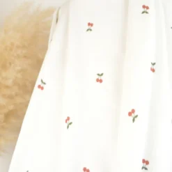 Tissu jersey côtelé fines côtes – Motif cerises fond blanc cassé - OEKO TEX