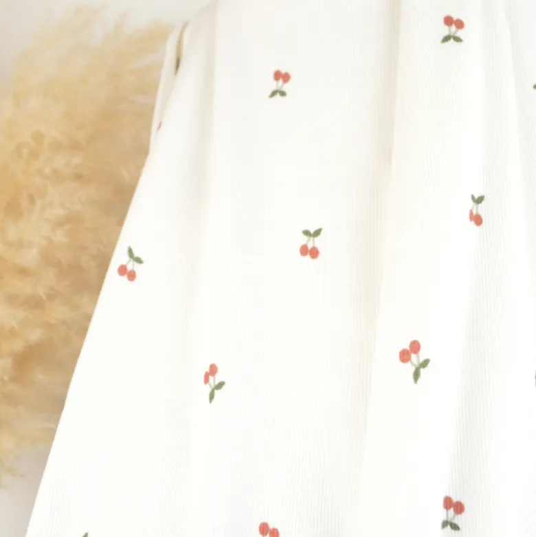 Tissu jersey côtelé fines côtes – Motif cerises fond blanc cassé - OEKO TEX