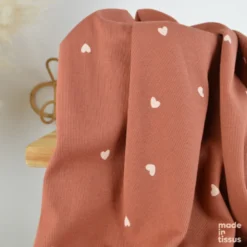 Tissu jersey côtelé motif petits coeurs fond vieux rose - OEKO TEX