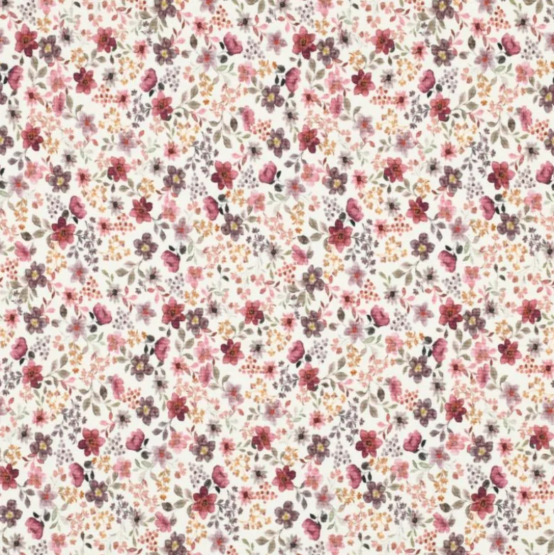 Tissu jersey côtelé motifs fleurs bordeaux fond blanc cassé - OEKO TEX