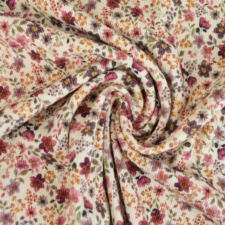 Tissu jersey côtelé motifs fleurs bordeaux fond blanc cassé - OEKO TEX