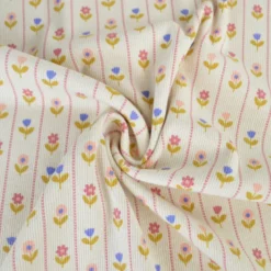 Tissu jersey côtelé petites fleurs et rayures fond écru