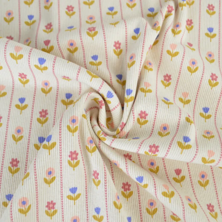 Tissu jersey côtelé petites fleurs et rayures fond écru