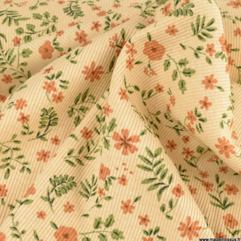 Tissu jersey côtelé Poppy fleuri fond beige - OEKO TEX