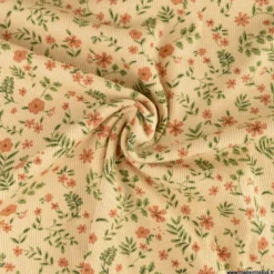 Tissu jersey côtelé Poppy fleuri fond beige - OEKO TEX
