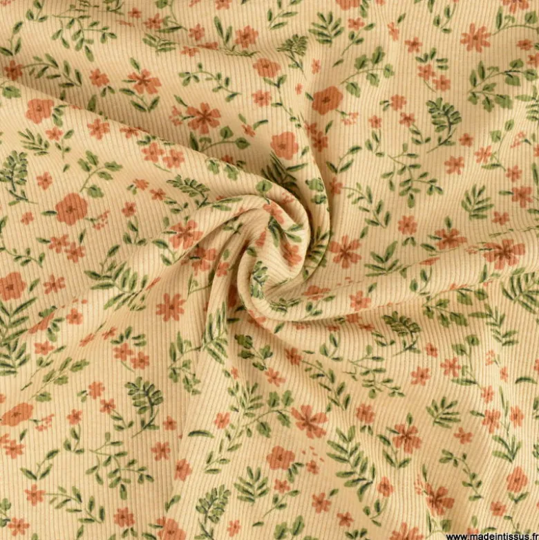 Tissu jersey côtelé Poppy fleuri fond beige - OEKO TEX