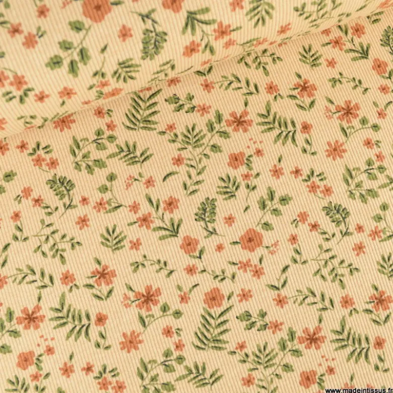 Tissu jersey côtelé Poppy fleuri fond beige - OEKO TEX