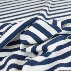 Tissu jersey côtelé à rayures bleu marine et blanc - OEKO TEX