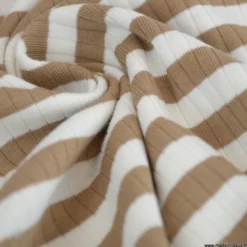 Tissu jersey côtelé à rayures Camel et blanc - OEKO TEX