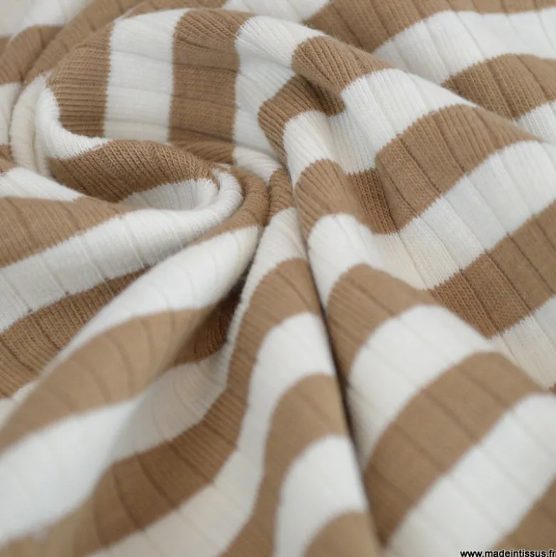 Tissu jersey côtelé à rayures Camel et blanc - OEKO TEX