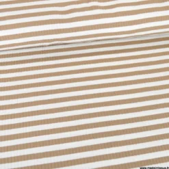 Tissu jersey côtelé à rayures Camel et blanc - OEKO TEX