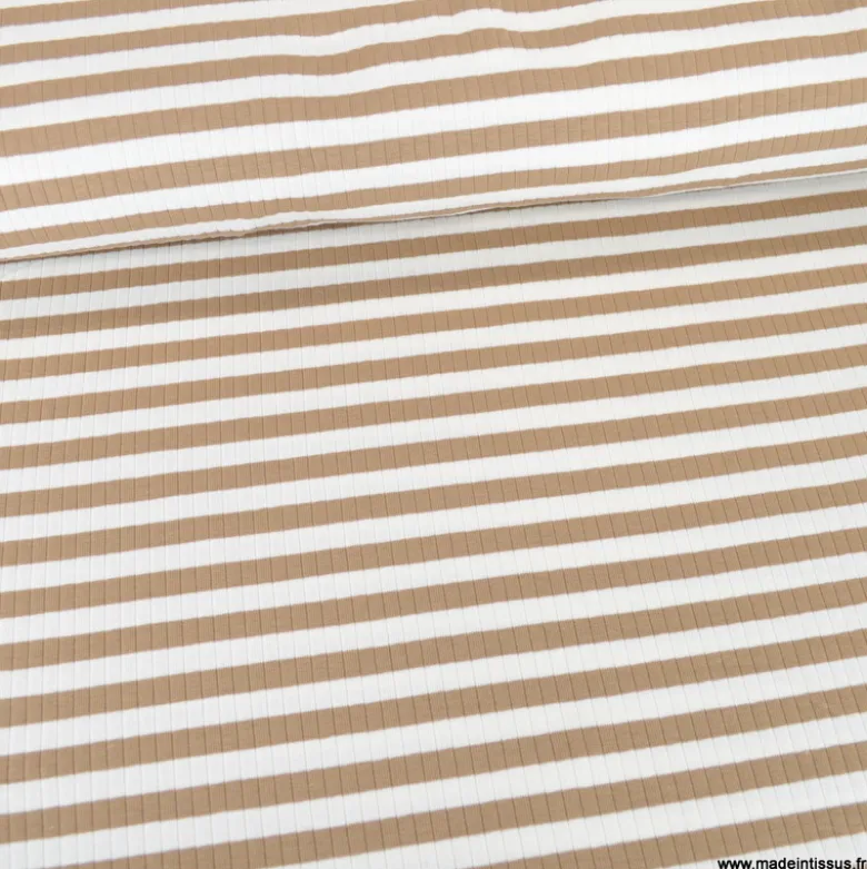Tissu jersey côtelé à rayures Camel et blanc - OEKO TEX