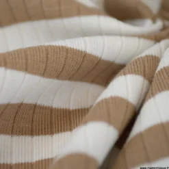 Tissu jersey côtelé à rayures Camel et blanc - OEKO TEX