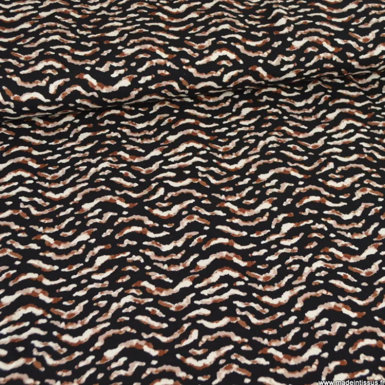 Tissu Jersey de Viscose – Imprimé Zèbre Marron & Écru sur Fond Noir