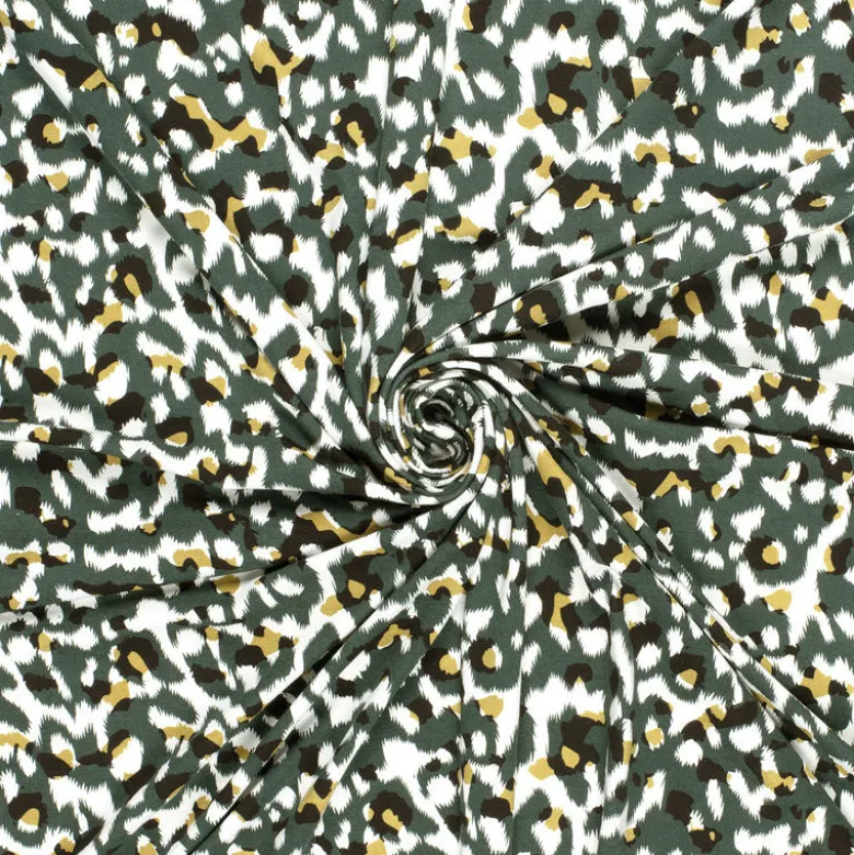 Tissu Jersey de Viscose – Motif Panthère Vert Sauvage - OEKO TEX