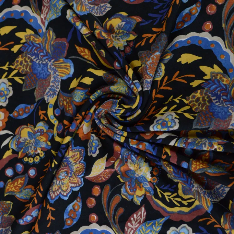 Tissu Jersey de Viscose motifs fleurs sur fond noir