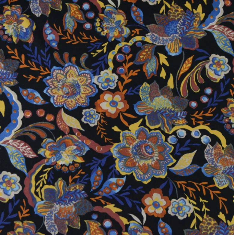 Tissu Jersey de Viscose motifs fleurs sur fond noir