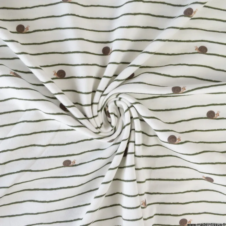 Tissu jersey enfant à motif rayures et escargots fond blanc cassé - OEKO TEX