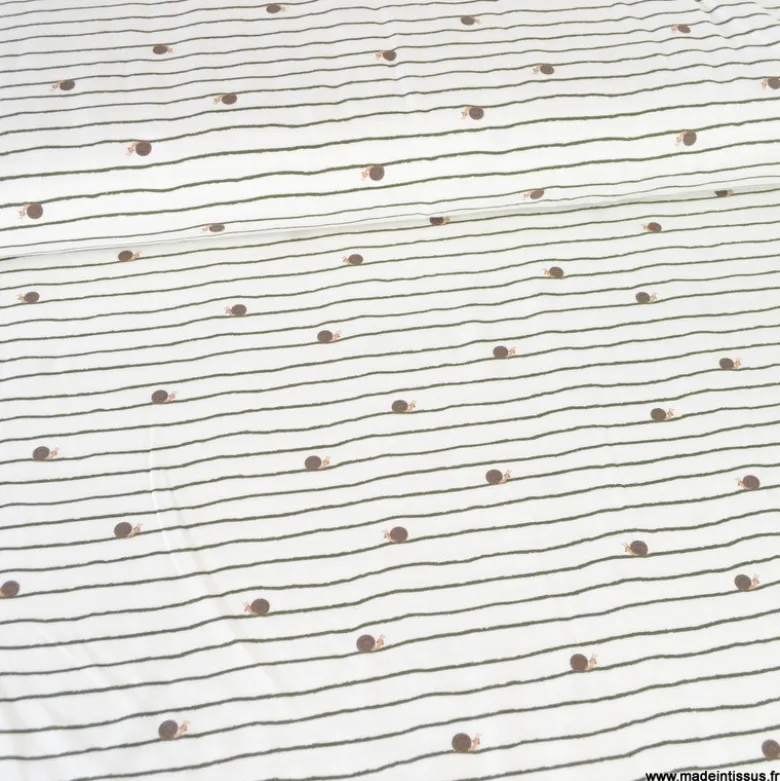 Tissu jersey enfant à motif rayures et escargots fond blanc cassé - OEKO TEX