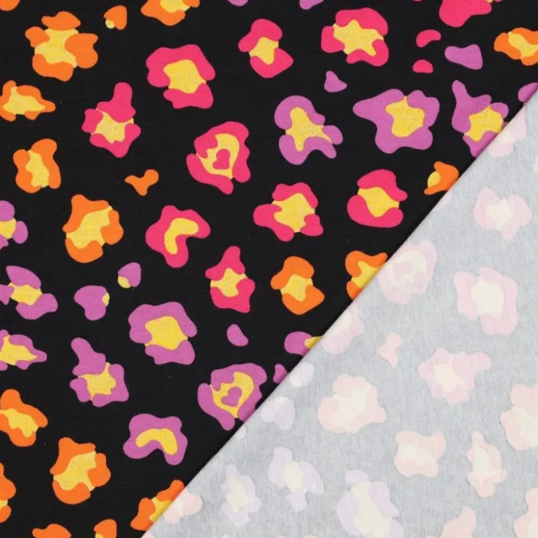 Tissu Jersey motif Léopard Pailleté – Multicolore sur Fond Noir - Poppy