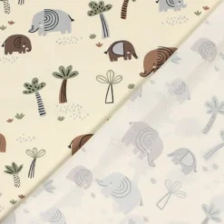 Tissu jersey motif éléphants et palmiers fond beige - OEKO TEX