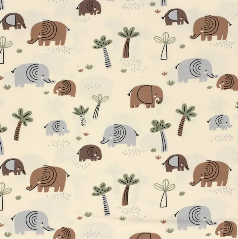 Tissu jersey motif éléphants et palmiers fond beige - OEKO TEX