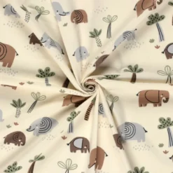 Tissu jersey motif éléphants et palmiers fond beige - OEKO TEX