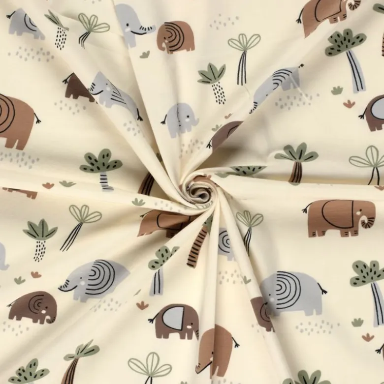 Tissu jersey motif éléphants et palmiers fond beige - OEKO TEX