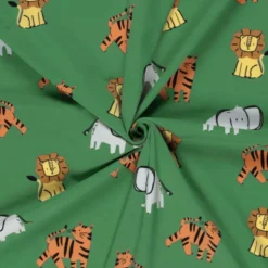 Tissu Jersey motif éléphants, tigres et lions fond vert - OEKO TEX