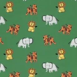 Tissu Jersey motif éléphants, tigres et lions fond vert - OEKO TEX