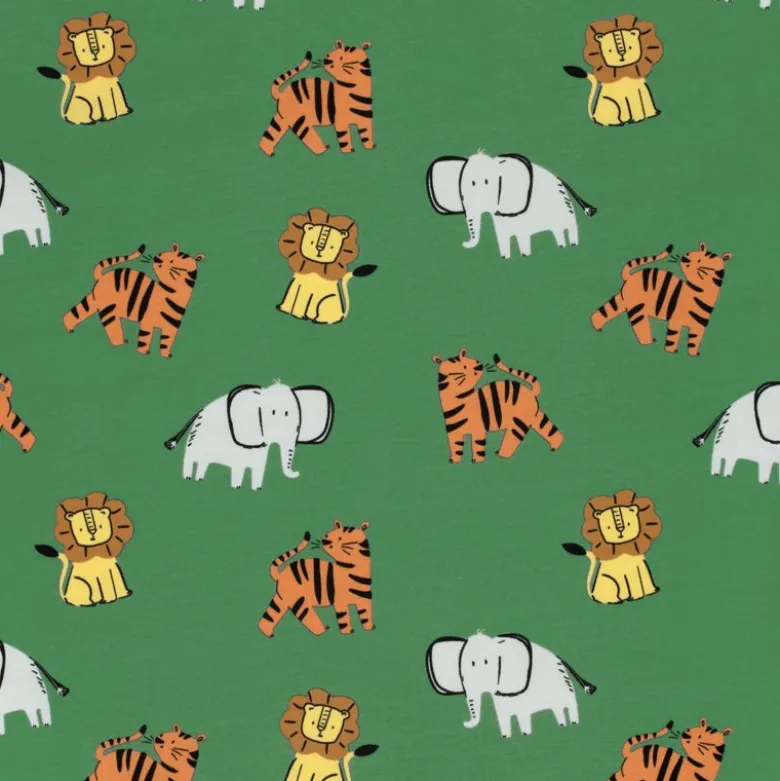 Tissu Jersey motif éléphants, tigres et lions fond vert - OEKO TEX