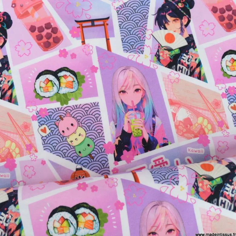 Tissu jersey motif Mangas Japonais Rose et Parme