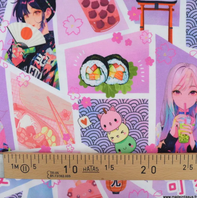 Tissu jersey motif Mangas Japonais Rose et Parme