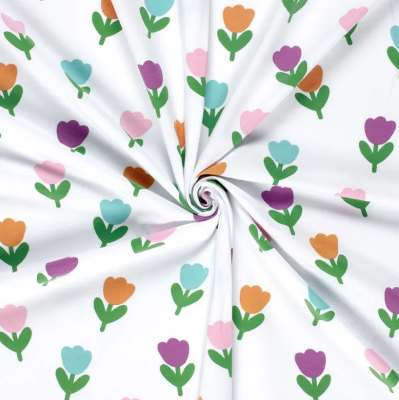 Tissu jersey motif Tulipes fond blanc - OEKO TEX